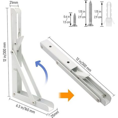 Lot de 2 Equerre Etagere 300mm, Support Console Pliable, Acier Inoxydable Equerre Rabattable Murale, 60KG/132lbs Porteur Blanc (1/5)