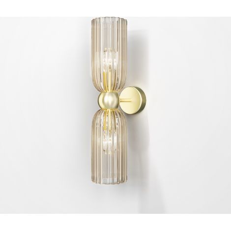 Applique Contemporanea Antic Metallo Oro 2 Luci Diffusore In Vetro Colore Cognac
