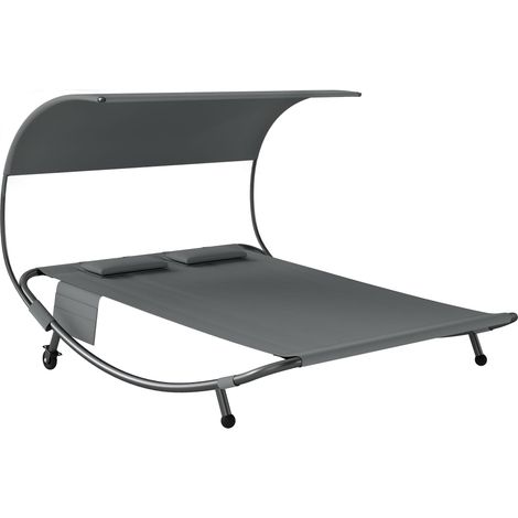 Baen de soleil double avec auvent amovible, roulettes, coussens et poches, gris idéal pour se détendre au soleil dans votre jardin, sur votre terrasse ou au bord de la piscine, alliant confort et dur (1/5)