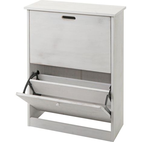 Boite à chaussures HWC-K45 - armoire à chaussures - 81x60x25cm 2 abattants - MDF en paulownia certifié MVG - shabby blanc (1/5)