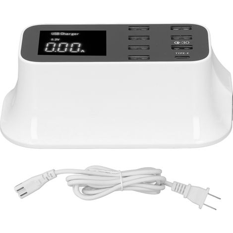 40-W-USB-Ladegerät mit LED-Digitalanzeige, 8 USB-Anschlüsse mit LCD-Anzeige, mehrfach geschütztes Netzteil (100–240 V) mit US-Stecker