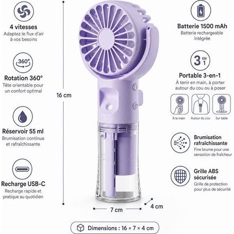 Ventilateur Brumisateur Portable Rechargeable pour Voyage Violet (1/4)