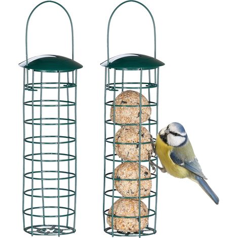 Relaxdays Meisenknödelhalter 2er Set, zum Aufhängen, HxD 31x8,5 cm, Vogelfutterspender für Wildvögel, Metall, dunkelgrün (1/5)