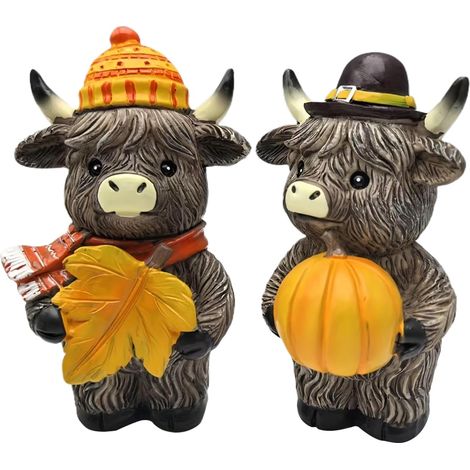 Statues de Vache des Highlands sur Le Thème de l'Automne,Décor Charmant De Récolte Automnale avec Bovins des Highlands  Statues Vaches Rustiques Décor Maison Automne pour Bureau Étagère (1/5)