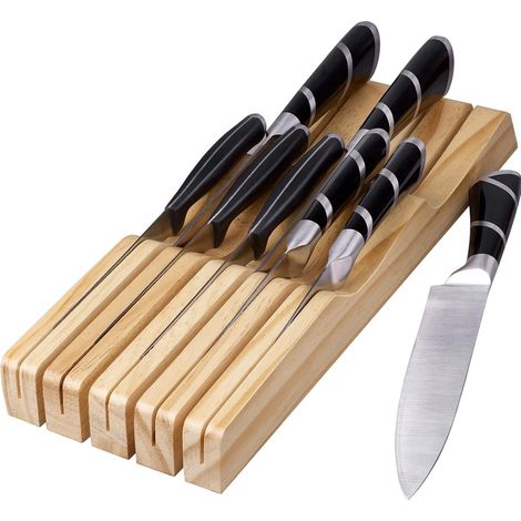 Porte-couteaux de cuisine pour tiroir, bloc universel en bois massif (9 couteaux), Bamboo Home (porte-couteaux)