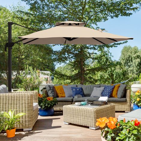 Parasol 3x3 m, réglable en 6 points, en aluminium et polyester, kaki (1/5)