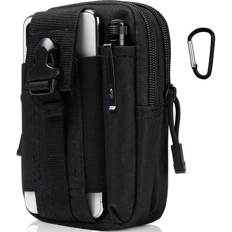 Sac Tactique Ceinture, Nylon Sacoche Ceinture Noir Multifonctionnelle Molle EDC Gadget Sac pour Téléphone, Plein-Air, Randonnée, Alpinisme et Cyclisme (avec 1 Mousquetons) (1/5)