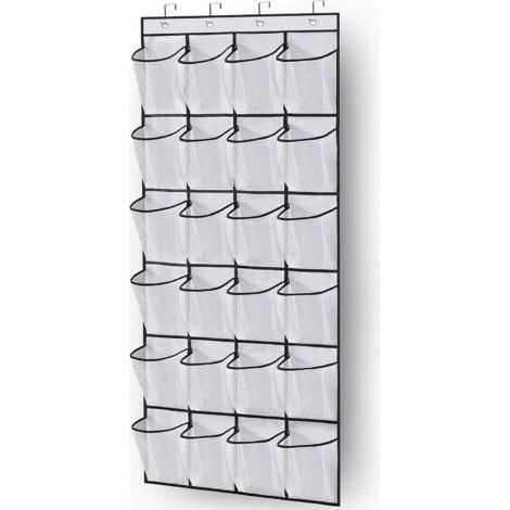Organisateur de meuble à chaussures de porte support de porte-chaussures suspendu 24 grandes poches en filet pour porte de placard soignée avec porte-vêtements (blanc) (1/5)