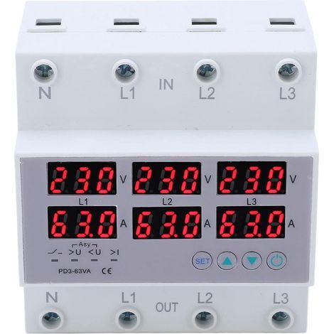 Three-phase DIN rail voltmeter, AC 390-500 V, three-phase DIN rail voltmeter/ammeter, automatic overvoltage and overcurrent protection, multi-tester (63 A) (1/4)