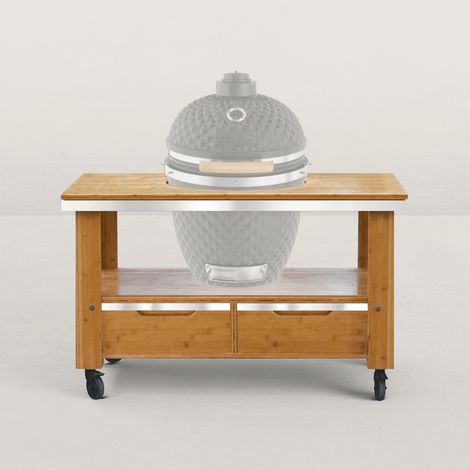 Chariot à plancha en bois de bambou massif 130 x 80 cm – 2 tiroirs de rangement – Grande poignée inox – Pour espaces extérieurs