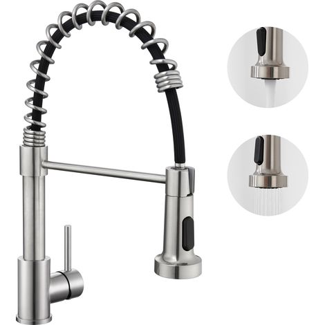 Auralum Mitigeur Cuisine à Ressort Spiralé avec 2 Fonctions Douchette Robinet d'évier Rotatif 360° en Inox 304 pour Cuisine, Brossé (1/5)