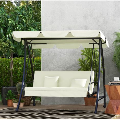 Tumbona columpio de jardín 3 plazas de metal crema blanco, 200x125x170 cm, respaldo reclinable y toldo ajustable (1/5)