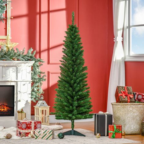 Sapin Noël de artificiel mince 150 cm avec branches réalistes - sapin de Noël haut et étroit avec base pliante - vert (1/4)