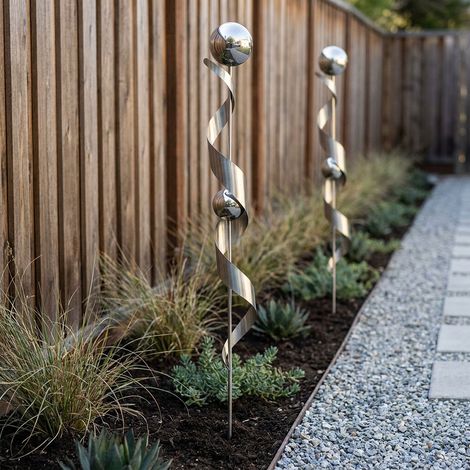 2x Edelstahl Garten Stecker Spiralen Design Kugel Erdspieß Dekoration H 140 cm (1/5)