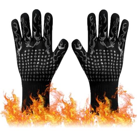 Guanti da forno resistenti al calore estremo, guanti protettivi per le mani, guanti da barbecue in silicone antiscivolo (800°C), adatti per cucinare, cuocere al forno, saldare, tagliare - Nero