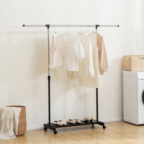Corde à linge extensible 159x42x168 cm noir avec jantes avec barre et porte-chaussures en acier inoxydable et argent