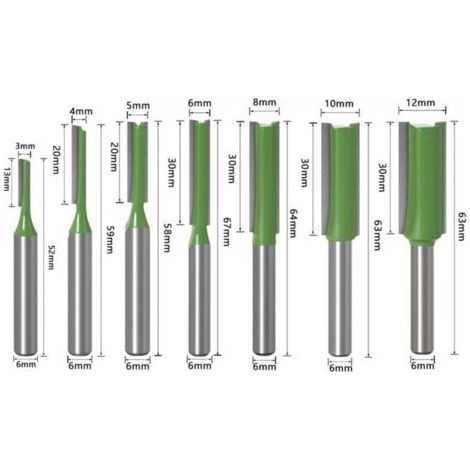 Pack de de 7 fraises à bois professionnelles (3-12mm) - , XU,Tige 6mm double cannelure - Destiné à défonceuse & menuiserie -