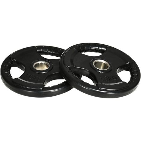 Set di 2 dischi per bilanciere, Tri-Grip, 2 x 10 kg, dischi olimpici gommati, adatti a pavimenti, foro da 5 cm, tre maniglie per allenamento di forza in loco. (1/5)