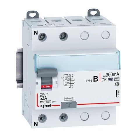 Interrupteur différentiel DX³-ID arrivée haute et départ bas par bornes à vis - 2P 230V 63A TypeB 300mA - 4 modules - LEGRAND