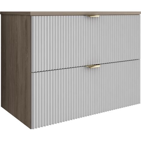 Mobile da bagno con frontale scanalato 80 cm con 2 cassetti, noce scuro (MDF), con frontali bianchi, con maniglia dorata, 80 x 47 x 60 cm (1/5)