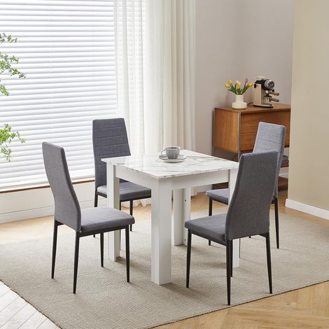 75x75cm Square Dining Table and Chairs Set, Small Dining Room Set High Gloss Dining Table with Chairs Home Furniture (Grey Linen, Marble-White Table with 4 Chairs) (1/5)