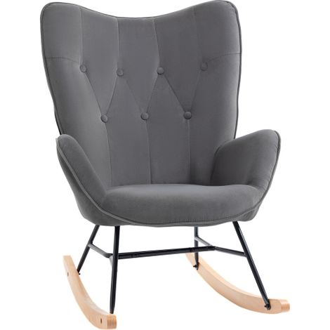 Rocking chair, fauteuil à bascule en polyester avec dossier haut et pieds en métal et bois, gris foncé (1/5)