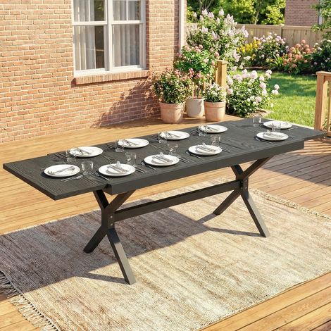 Table de Jardin Extensible Aluminium Table de Repas Extérieure Effet Bois 8-10 Personnes 214x85x73cm Gris Anthracite