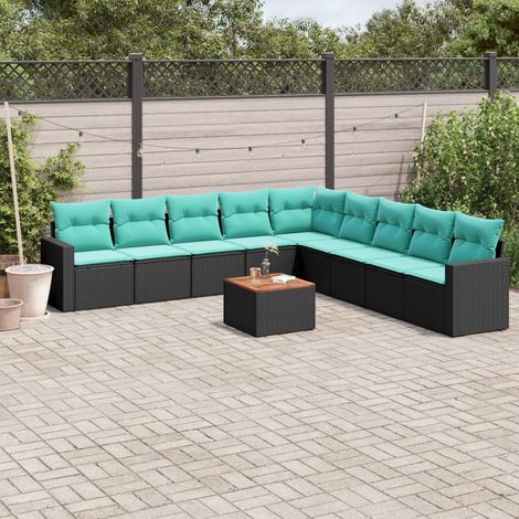 Salon de jardin modulable 10 pièces noir en résine tressée avec coussins bleus, rangement intégré et table en bois d'acacia (1/5)