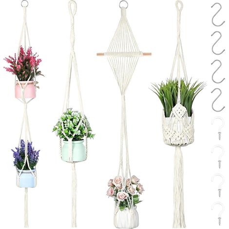 4 Pièces Suspension Plante avec Crochets Crème, Macrame Suspension Plante, Suspension Pot De Fleur, pour Décorer Une Fenêtre De Balcon (1/5)