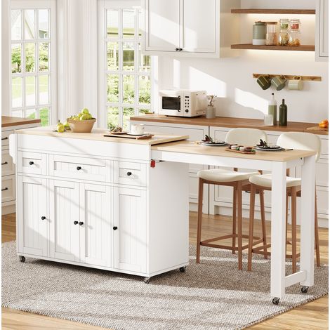 Isla de cocina móvil de 137-190,6 x 45,2 x 92 cm con encimera extensible, 3 cajones, especiero, MDF - blanco (1/5)