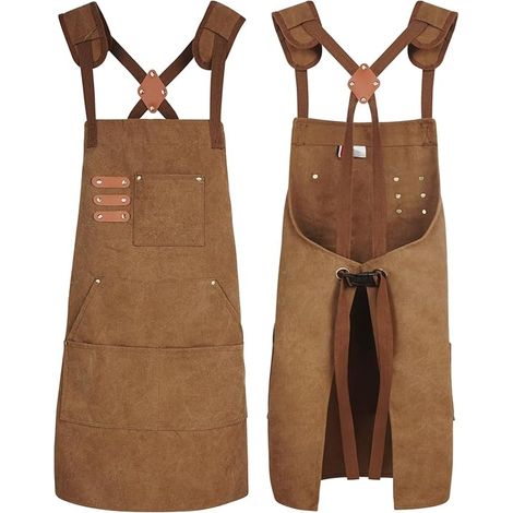 Tablier de chef, tablier à dos croisé avec poches pour hommes et femmes, tablier de travail réglable en toile de coton pour la cuisson de la poterie, marron, taille unique
