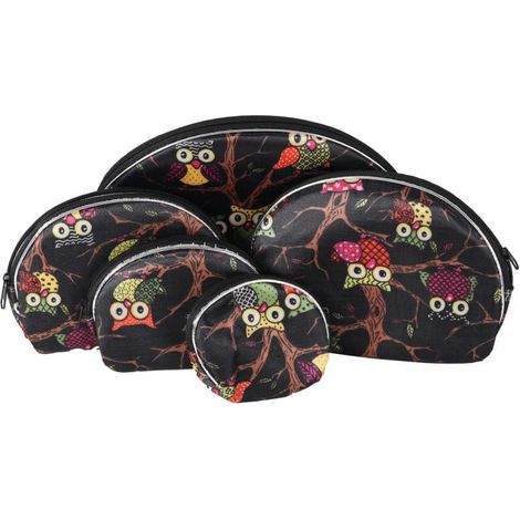 Juego de 5 neceseres negros con búhos de colores.