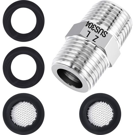 Rallonge de tuyau de douche 1/2", diamètre 20 mm, double mamelon en acier inoxydable, tuyau de douche avec 2 éléments filtrants et 2 joints pour tuyaux, raccords de vannes (1/5)