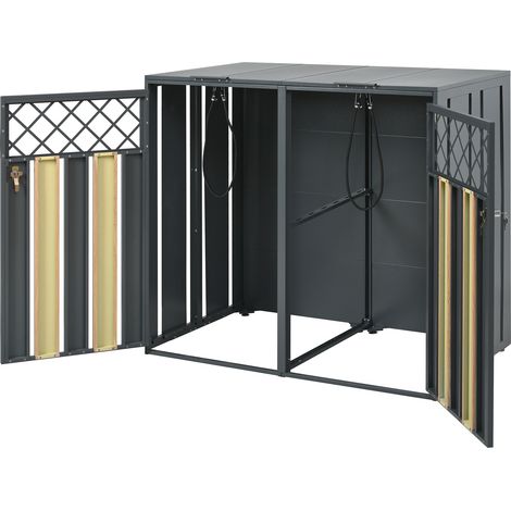Coffre à poubelles extérieur en acier galvanisé avec 2 compartiments, couvercle à clapet hydraulique et portes verrouillables effet bois (1/5)