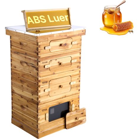 VEVOR Ruche deabeilles, 40 cadres, bois de sapin enduit de cire deabeille, 2 boites profondes 2 moyennes, kit ruche Langstroth, fenetres acrylique transparent fondations pour apiculteurs pro debutants