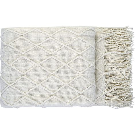 Couverture à pompons pour canapé ou bureau, couleur beige, 127 x 180 cm, avec franges décoratives (1/5)