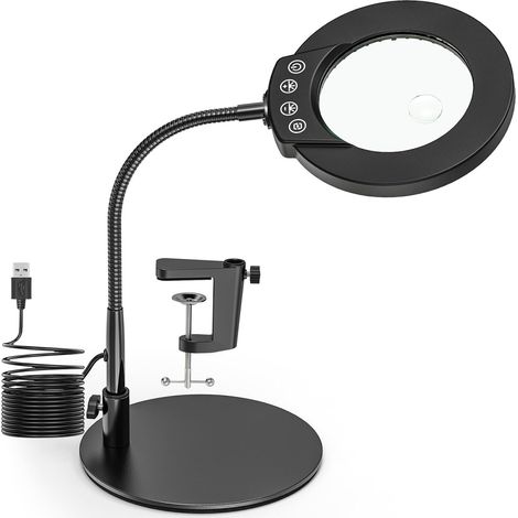 Loupe à Col de Cygne, 15X 10X Lampe Loupe de Bureau avec Pince et Base, LED Lampe de Bureau avec 5 Modes de Couleurs pour Lecture, Réparation, Artisanat (1/5)