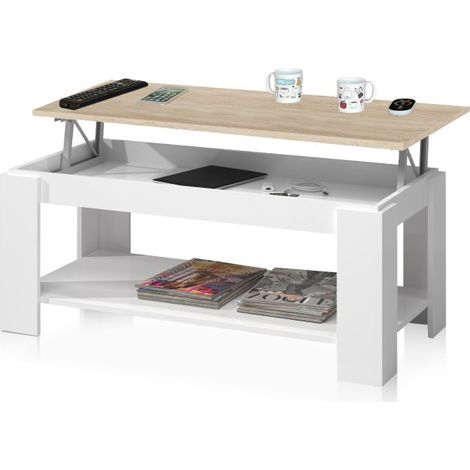 Mesa de centro elevable Ambit Blanco Artik (Blanco Mate) - Roble Canadian 100cm (ancho) x 43–54cm (alto) (1/5)