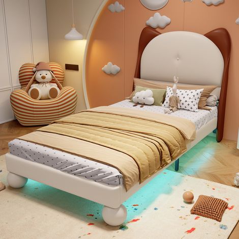 Letto per Bambini 90x200 cm, Accogliente e Pratico, Testiera a Orecchie e LED, Imbottito, in PU Beige e Marrone(Senza materasso) (1/5)