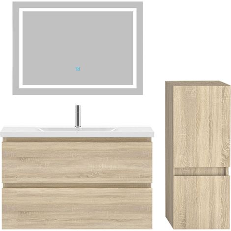 Ensemble meuble de salle de bain 80cm, vasque céramique + colonne bas + LED miroir, chêne