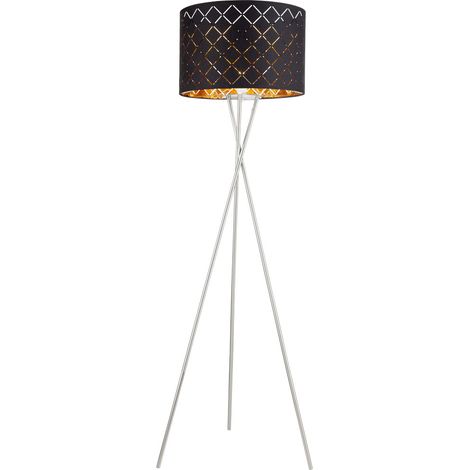 Stehlampe Textilschirm schwarz gold Beistellleuchte 3 Bein Stativleuchte Textil, Nickel matt, E27 Fassung, DxH 62x158 cm