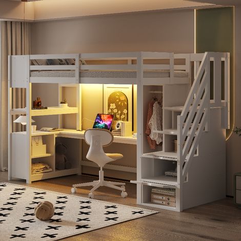 Hochbett mit Schreibtisch und Kleiderschrank, Multifunktionsbett 90x200 cm, Treppe mit Stauraum, LED-Beleuchtung & Steckdosen, Kiefernholz, Weiß (1/5)
