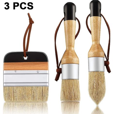 3-teiliges Kreidefarben-Wachspinsel-Set mit Naturborsten, runde Pinsel für Möbel, Heimdekoration, Wachsen, Glasieren von Keramik (braun + schwarz)
