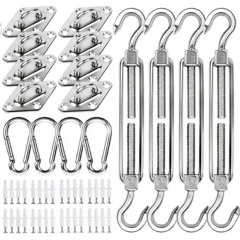 Kit de matériel de Pose de Voile d’ombrage en Acier Inoxydable 304 avec tendeur 15 cm, pour Installation de Voile d'ombrage rectangulaire Triangulaire, pour Jardin extérieur, 80 pièces (1/4)