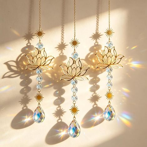 Lot de 3 carillons attrape-soleil en cristal - Fleur de lotus - Décoration de fenêtre - Carillon à suspendre - Arc-en-ciel - Décoration en cristal pour fenêtre, maison, jardin, fête, mariage
