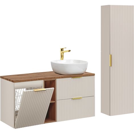 Ensemble meuble simple vasque 120cm 2 niches panier à linge et colonne Adriel Cachemire et Bois