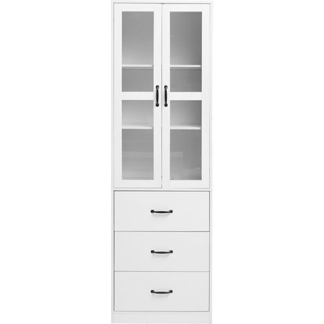 Vitrine blanche 200 cm avec 3 tiroirs, étagères réglables et éclairage LED USB alimenté (1/5)