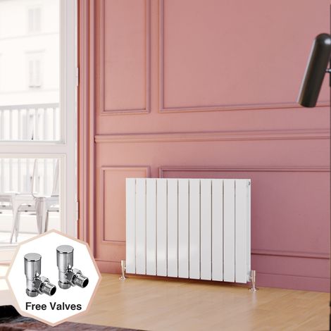ELEGANT 600 x 836 mm White Designer Radiators Horizontal Single Flat Panel Bathroom Radiator Heater + Angled Radiator Valves (1/5)
