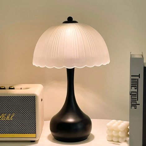 Lampe de table LED, veilleuse décorative, lampe de chevet avec abat-jour en verre dépoli, lampe de bureau rétro en métal, lumière chaude (noir) (1/5)