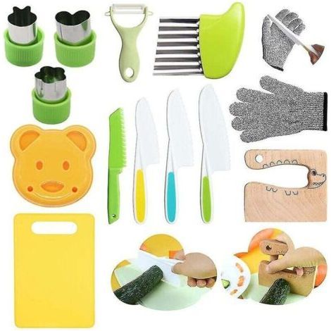 Couteau en bois pour enfants 13 pièces pour la cuisine, couteaux sans danger pour les enfants coupant les légumes et les fruits (1/5)